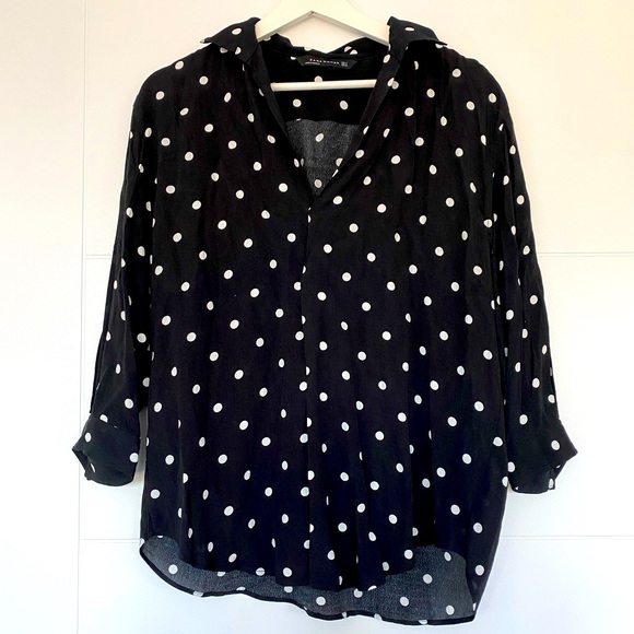 Zara Woman Black with White Polka Dots button up hi-lo blouse - Picture 1 of 3